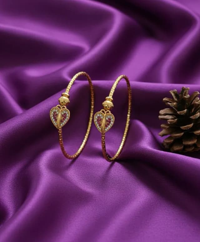 Gold Pink Stone Heart Bangle Pair