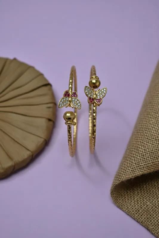 Gold Pink White Butterfly Bangles