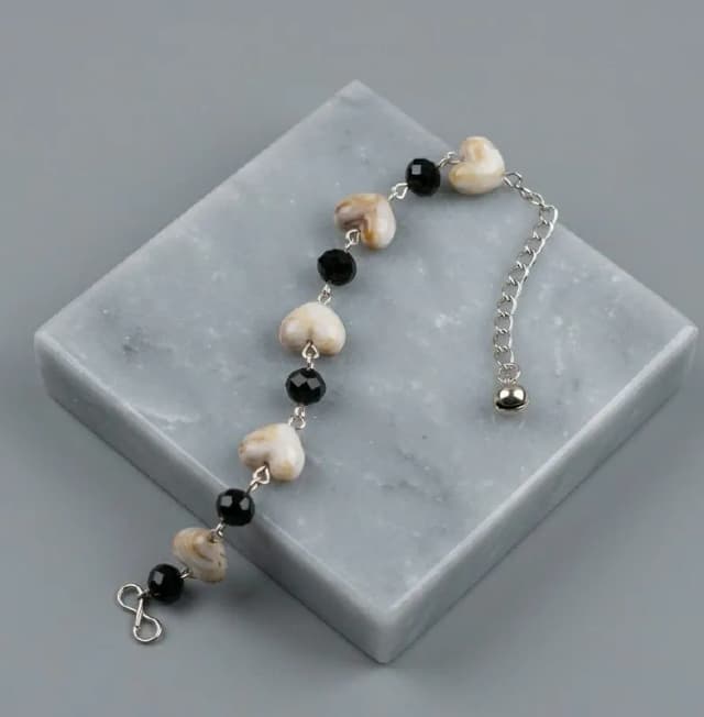 Ivory Heart Black Bead Silver Bracelet