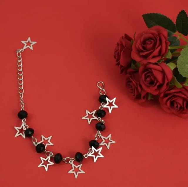 Silver Star Black Bead Bracelet