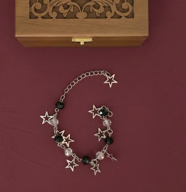 Silver Star Black Clear Bead Bracelet