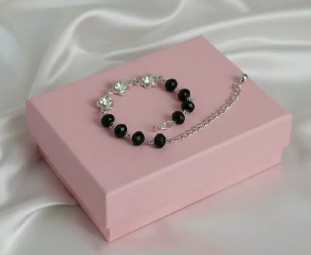 Silver Black Bead Floral Bracelet