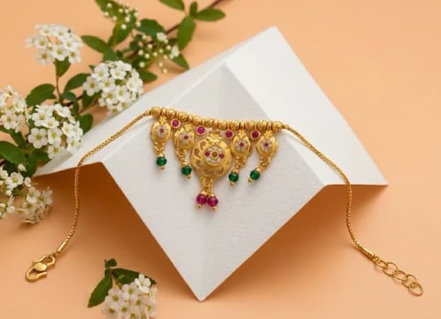 Gold Ruby Green Bead Floral Bracelet