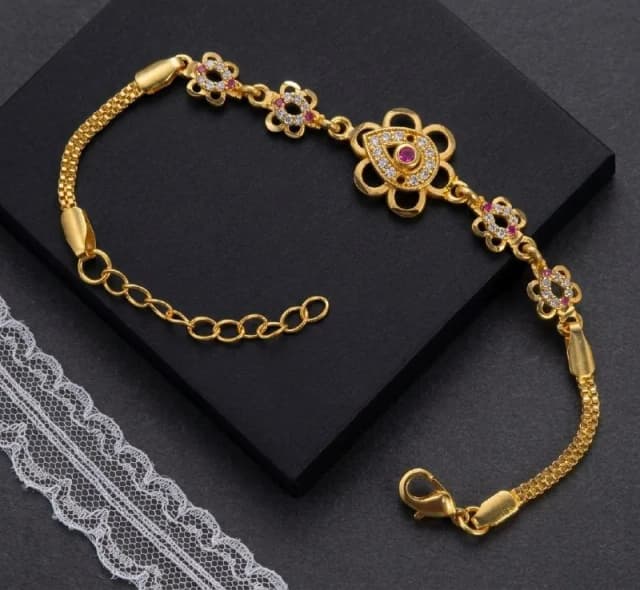 Gold Pink Stone Flower Chain Bracelet