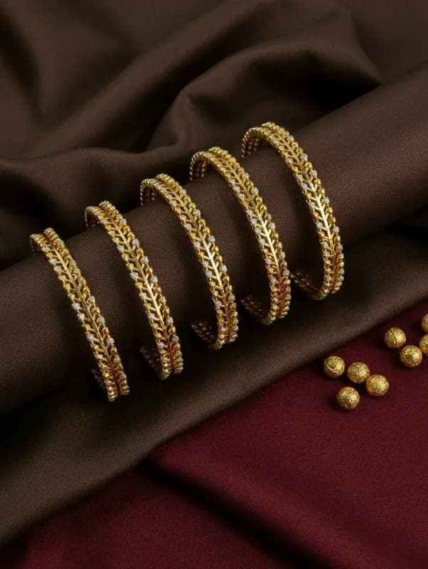 Gold Leaf Vine White Stone Bangles