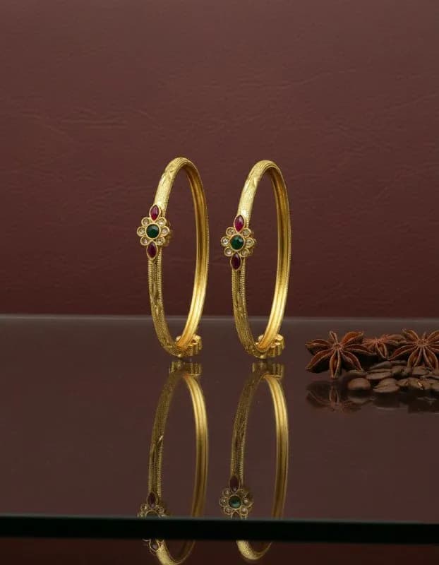 Gold Ruby Emerald Flower Bangles