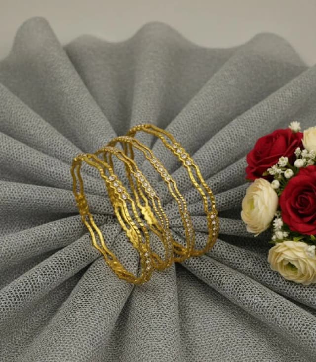 Slim Gold Zigzag White Stone Bangles