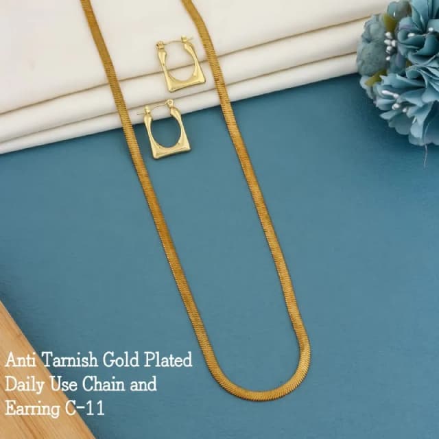 Gold Herringbone Chain With Hoop Earrings