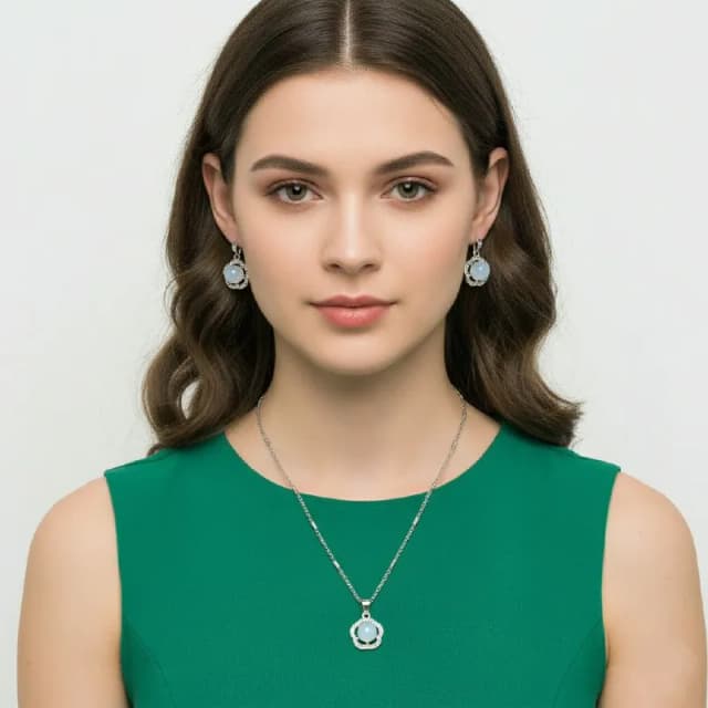 Silver Blue Opal Floral Pendant Set