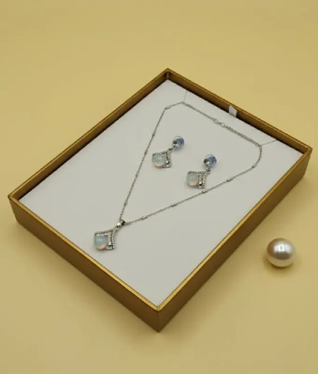 Silver Opal Square Pendant Earring Set