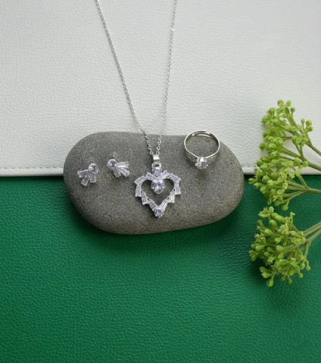 Silver Crystal Heart Pendant Earring Set