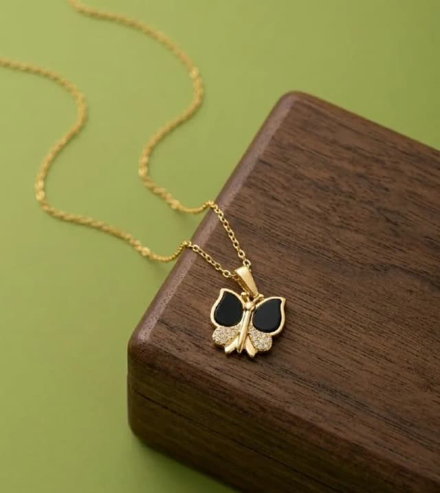 Gold Black Enamel Butterfly Pendant Chain