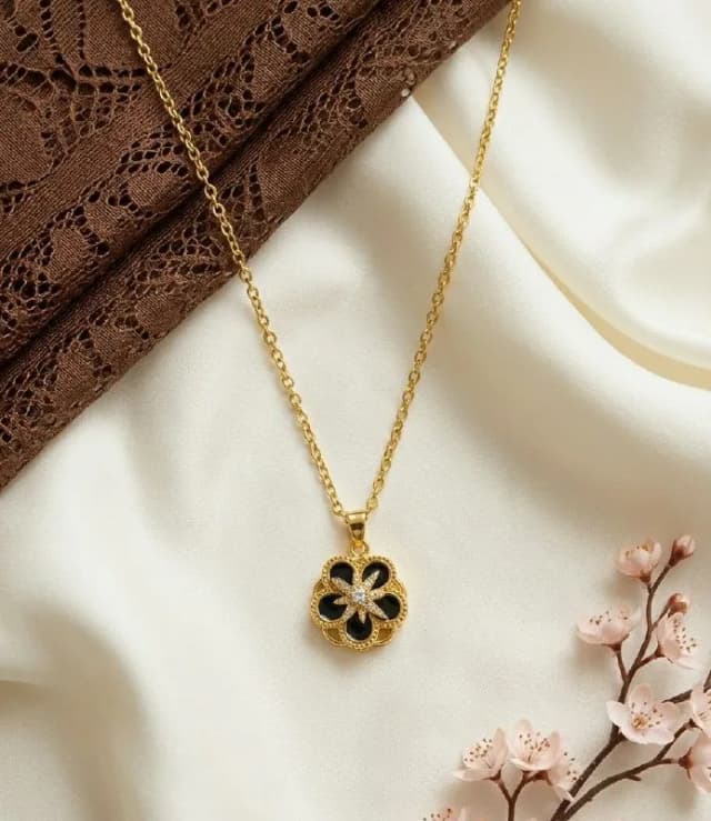 Gold Black Enamel Flower Pendant Chain