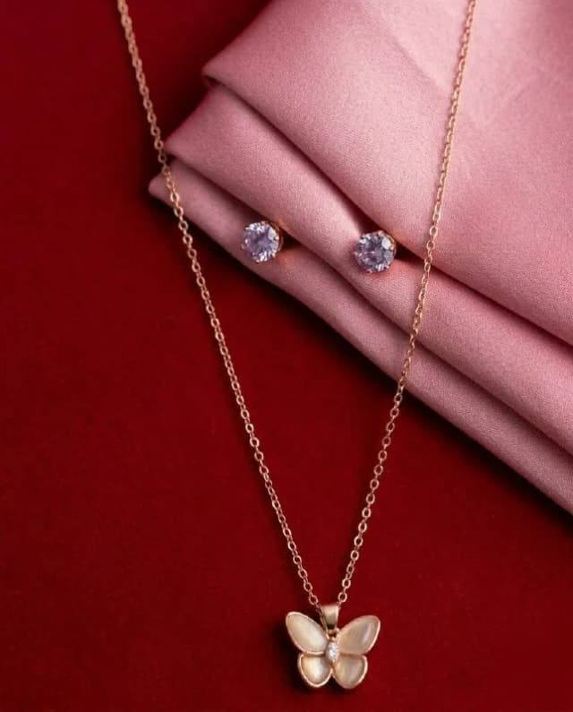 Rose Gold Ivory Butterfly Pendant Set