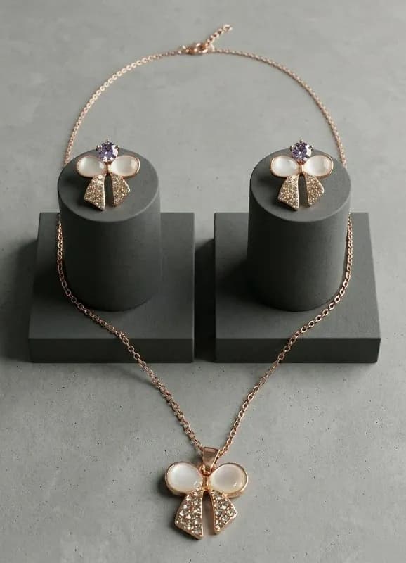 Rose Gold Opal Bow Pendant Set