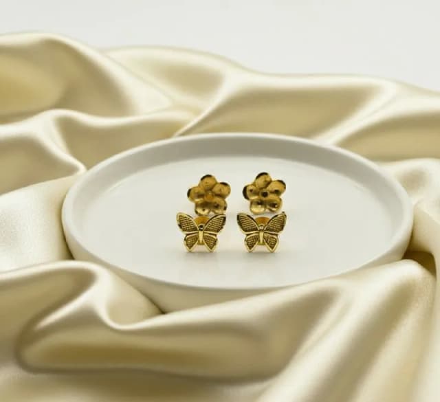 Gold Flower And Butterfly Stud Earrings