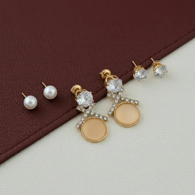 Gold Peach Stone Pearl Earring Trio