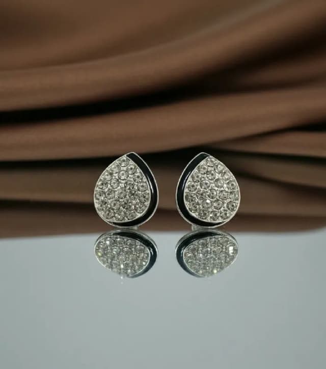 Black Rimmed Silver Crystal Stud Earrings