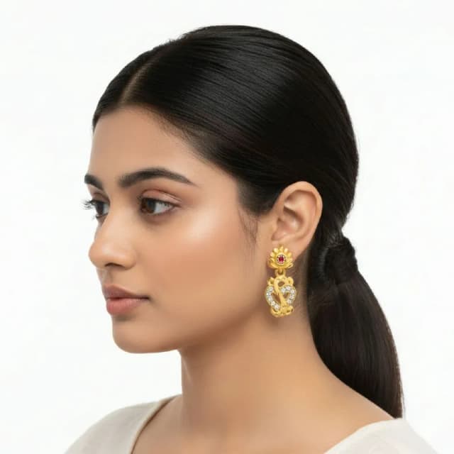 Gold Ruby Flower Heart Drop Earrings