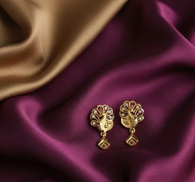 Gold Peacock Pink Stone Stud Earrings