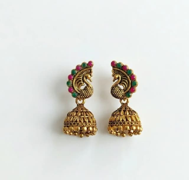 Antique Gold Pink Green Peacock Jhumkas