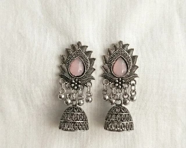 Oxidised Silver Pink Stone Lotus Jhumkas