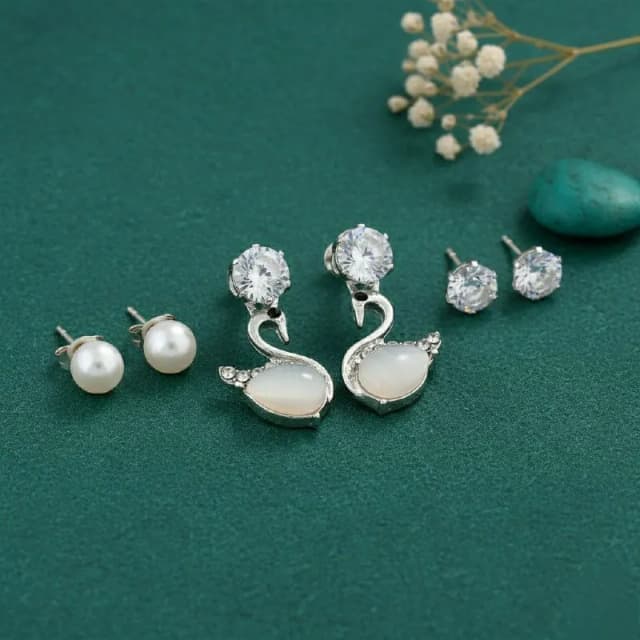 Silver Swan Pearl Crystal Stud Combo