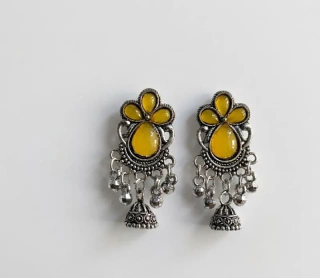 Oxidised Silver Yellow Stone Floral Jhumkas