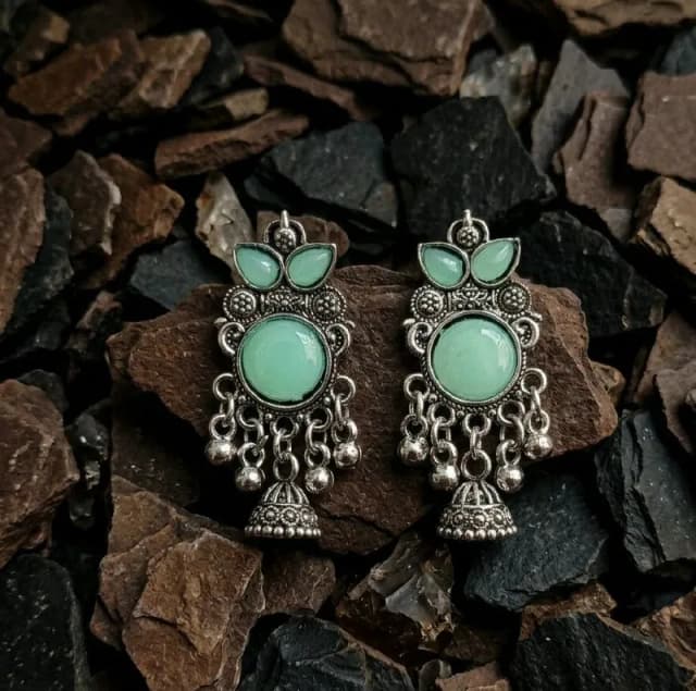 Oxidised Silver Mint Petal Jhumka Earrings