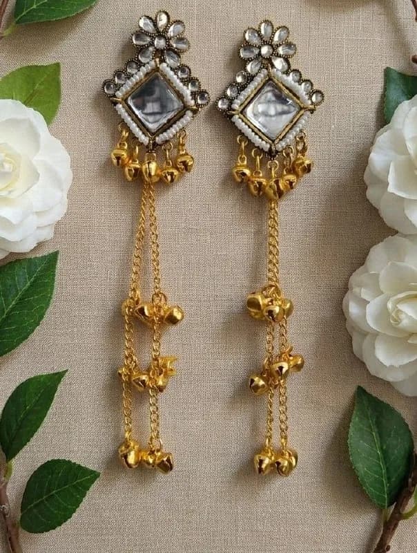 Kundan Mirror Gold Ghungroo Chain Earrings