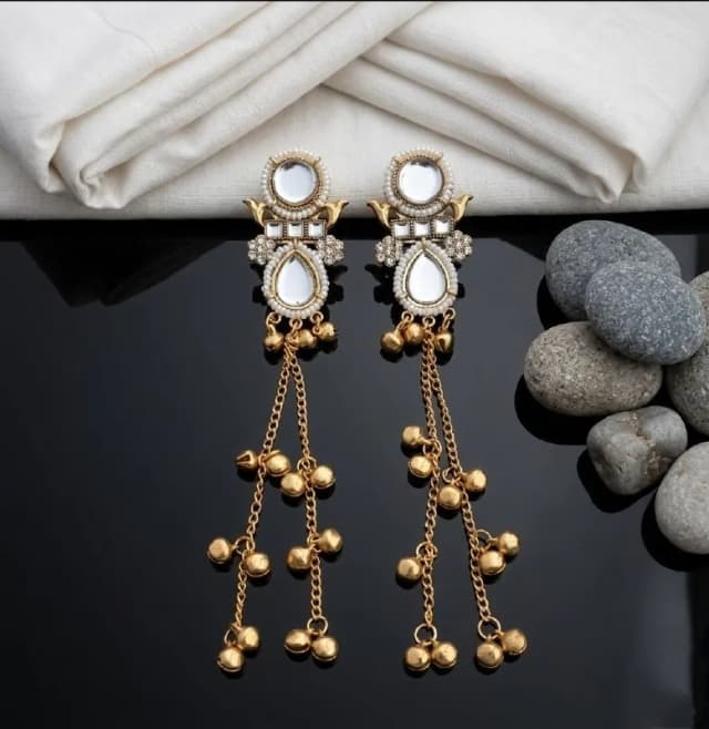 Gold Mirror Pearl Ghungroo Tassel Earrings