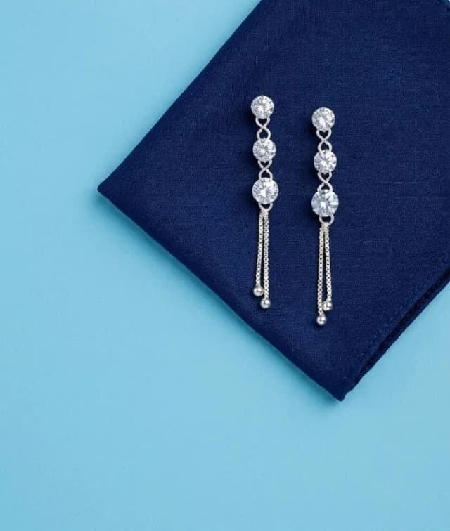 Silver Three Stone Crystal Chain Danglers