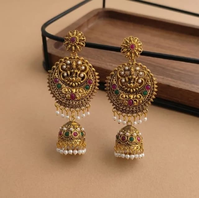Antique Gold Temple Lakshmi Jhumka Earrings