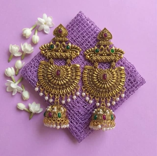 Antique Gold Red Green Stone Chandbali
