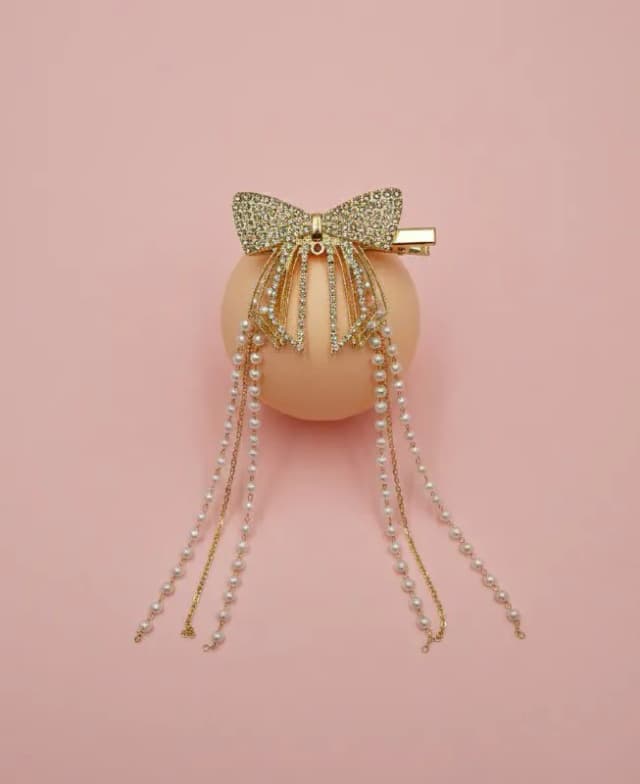 Gold Crystal Bow Pearl Hair Clip