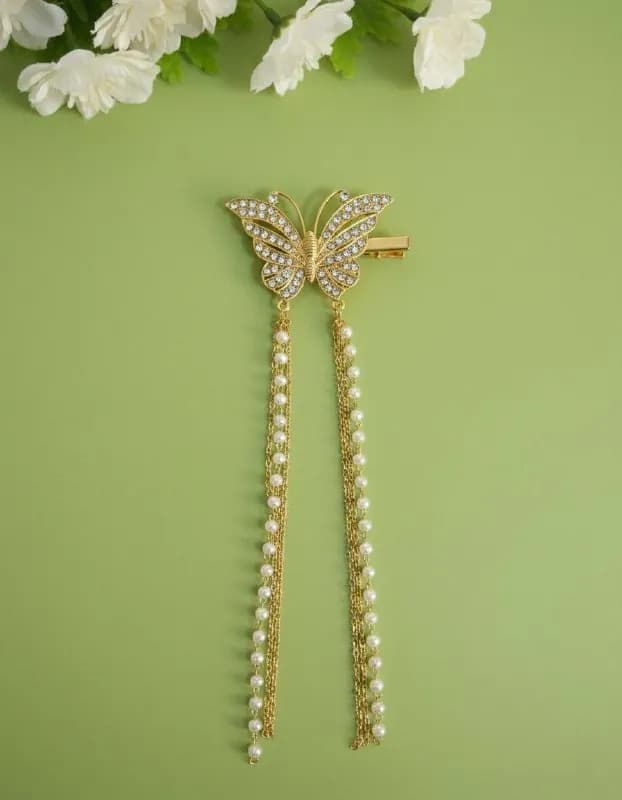 Gold Butterfly Pearl Tassel Hair Clip