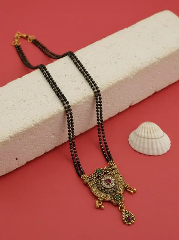 Antique Gold Maroon Stone Round Mangalsutra