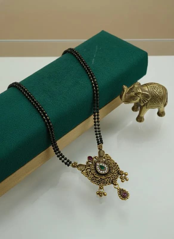 Antique Gold Green Stone Fan Mangalsutra