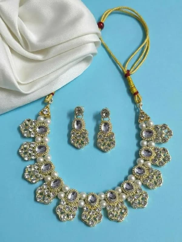 Gold White Polki Pearl Necklace Set