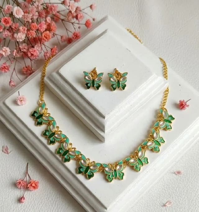 Green Meenakari Butterfly Necklace Set