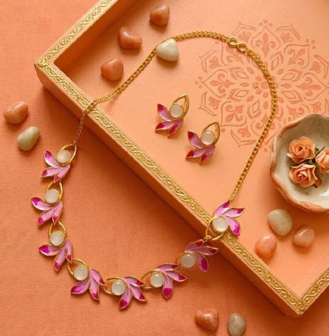 Pink Meenakari Leaf Necklace Set