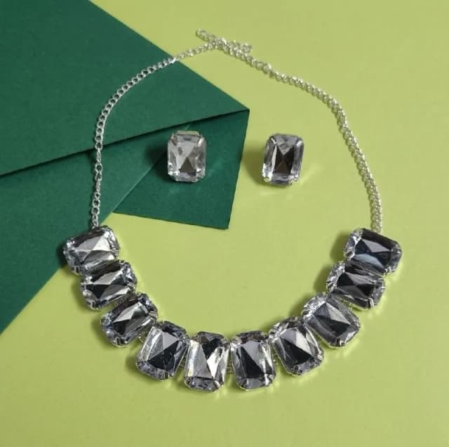 Silver Crystal Rectangle Necklace Set