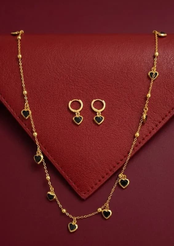 Gold Black Heart Necklace Earring Set