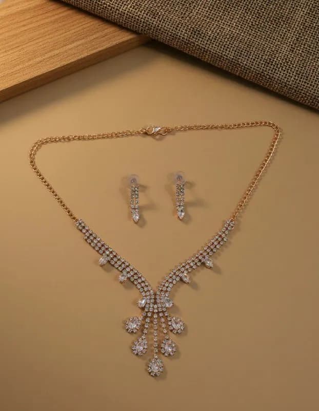 Gold Crystal Teardrop Chandelier Necklace Set