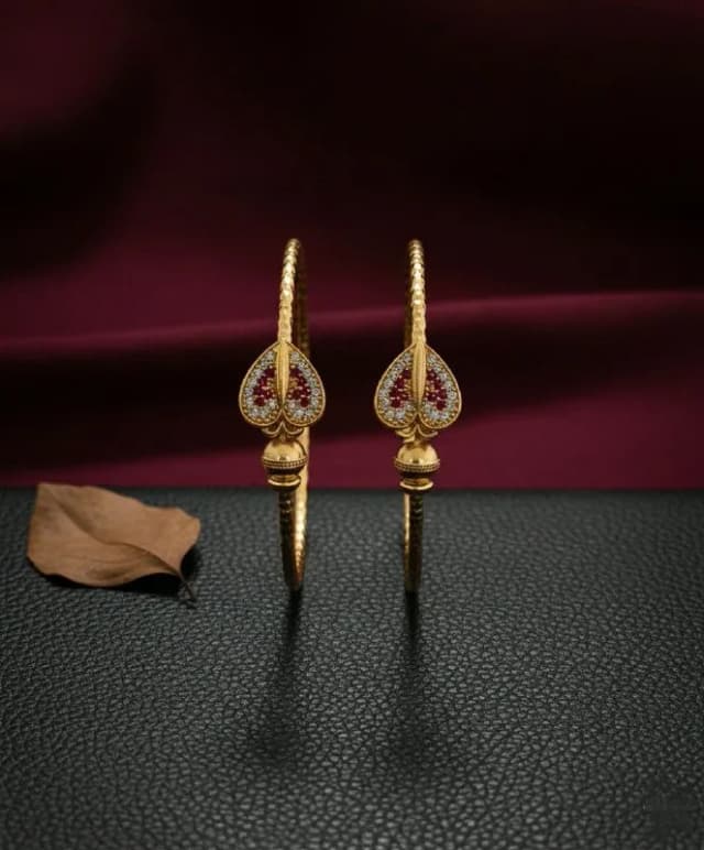 Gold Pink Stone Leaf Kada Bangles