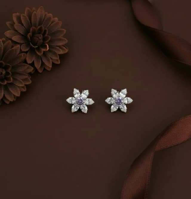 Silver Lilac Stone Flower Stud Earrings