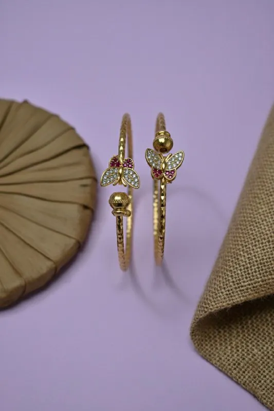 Gold Pink White Butterfly Bangles