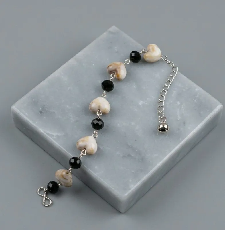 Ivory Heart Black Bead Silver Bracelet