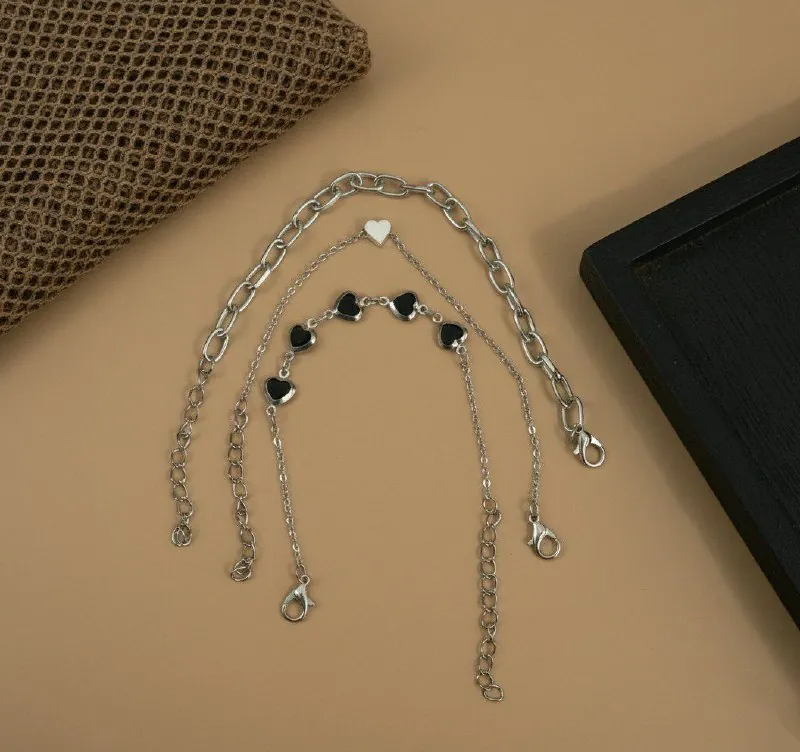 Silver Black Heart Chain Bracelet Set