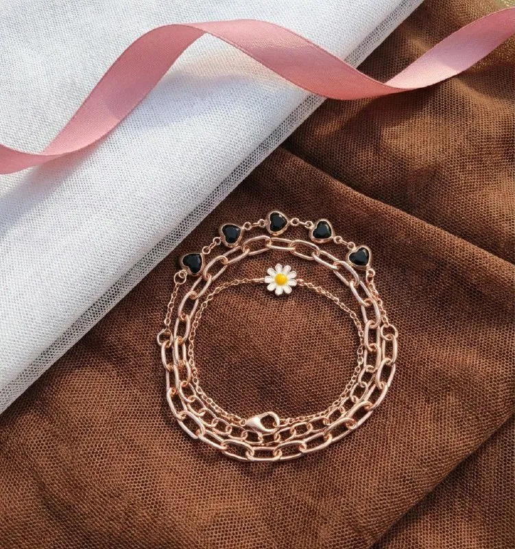 Rose Gold Daisy Heart Bracelet Set